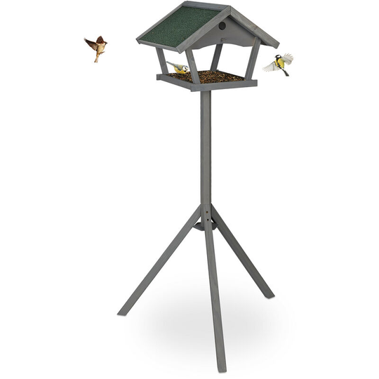 Free-Standing Bird Table, Birdhouse Feeder, HxWxD: 139 x 70 x 60 cm, Weatherproof Roof, Wood, Grey/Green - Relaxdays