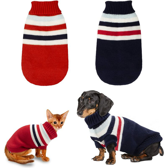 2 Pack Striped Cat Sweater - Warm Knit Turtleneck Sweater for Cat - Winter Clothes for Kittens and Small Dogs