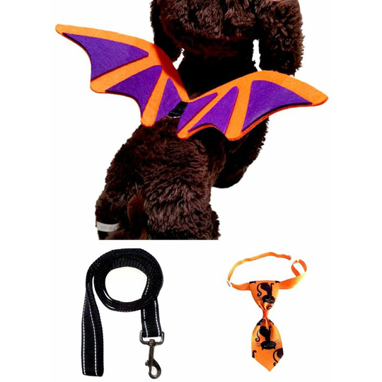 Pet Halloween Costume - Halloween Bat Wings Pet Costumes for Small Dogs Cats Halloween Party(orange wings, leash, tie)