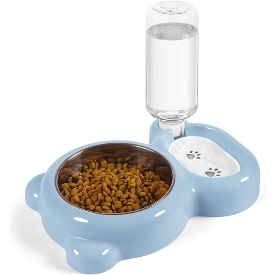 Double Dog Cat Bowls, Pet Water and Food Bowl Set with Automatic Water Dispenser Bottle Detachable Stainless Steel Bowl for Small Dogs and Cats