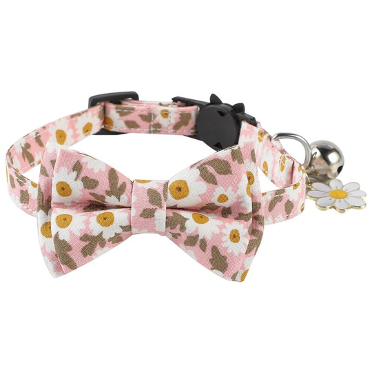 Cat Collars with Bells and Safety Release Buckle, Floral Bow Tie Kitten Collars, Adjustable 0-28 cm, Pink