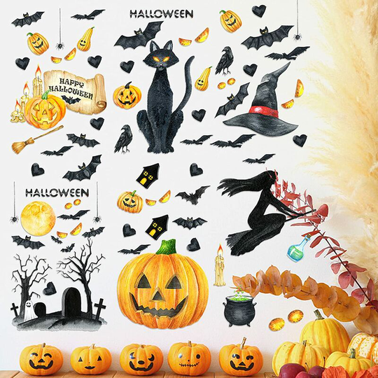 Briday - Happy Halloween Bat Black Cat Witch Ghosts Pumpkin Wall Stickers for Trick or Treat Accessories, Halloween Decals Window Decals Clings,
