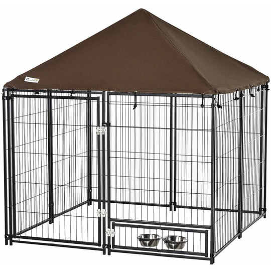 Outdoor Dog House Kennel with Canopy Top & Lock Rotating Bowl Holder - Black - Pawhut