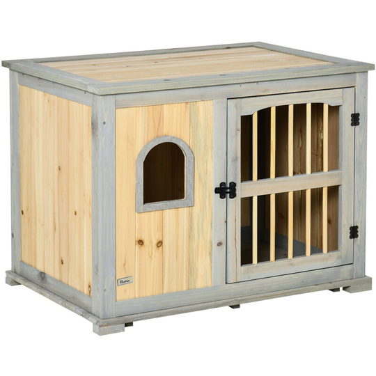 Wooden Dog Crate Furniture Style Side Table w/ Lockable Door, Window - Natural wood finish - Pawhut