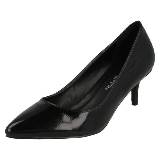 (UK 3, Black) Ladies Anne Michelle Kitten Heel Crinkle Patent Court Shoes