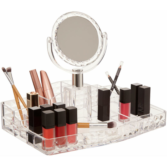 Premier Housewares - Cosmetic Organiser With 18 Wide Compartments Clear Square Multipurpose Storage Statement Piece for Dresser / Bathroom With