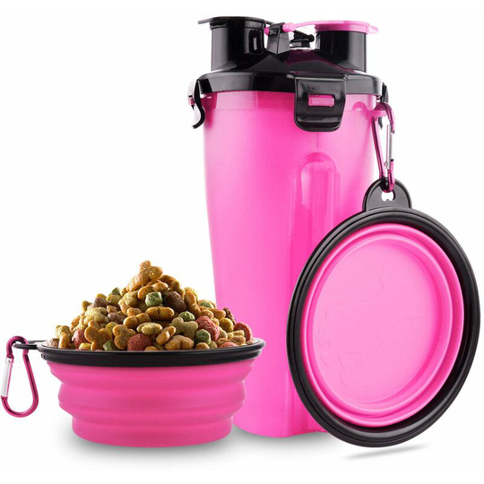 Dog water bottle, 2 in 1, portable, waterproof, for dogs, with 2 collapsible dog bowls, pink Soekavia