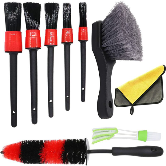Monly - 9Pcs Car Cleaning Brush Set with Car Detailing Brush, Aluminum Rim Brush and Tire Brush for Washing Wheel, Engine, Dashboard, Air Vents and