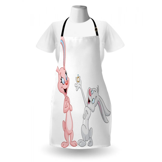 Cartoon Bunnies Proposing Rabbits with Wedding Ring Apron