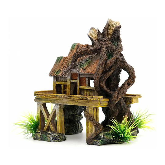 Benobby Kids - Aquarium Decoration - With Plants - Wooden House - 15 x 9 x 18 cm