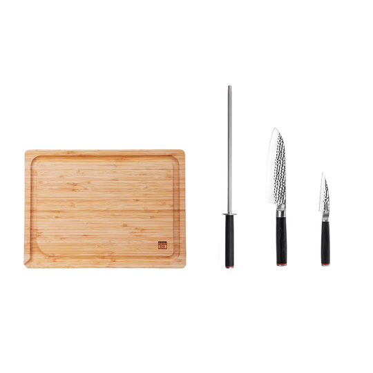 The Starter Set Deluxe Edition (B): 2 Knives (Paring Knife + Santoku) + 2 Accessories (Honing Steel + Bamboo Cutting Board)