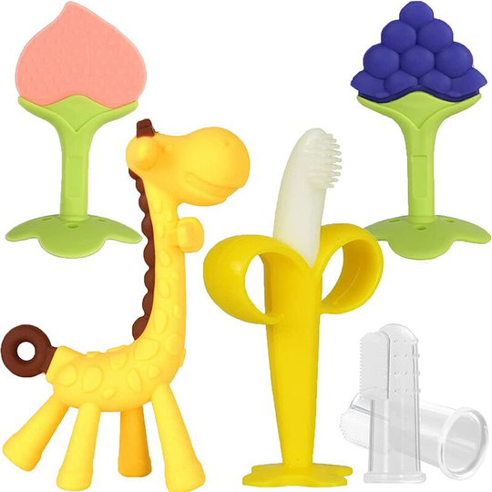 Perle Rare - Baby Teethers, bpa Free Silicone Baby Teether Freezer, Soothe Sore Baby Gums, Banana Toothbrush, Fruit Shaped Giraffe Teether Set for