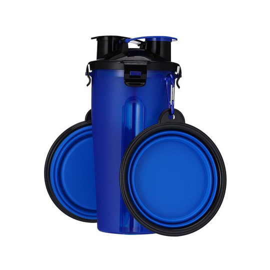 Muff - Portable Pet Water Bottle and Food Container for Travel 2-in-1 Chamber Bottle with 2 Collapsible Bowls (Blue)