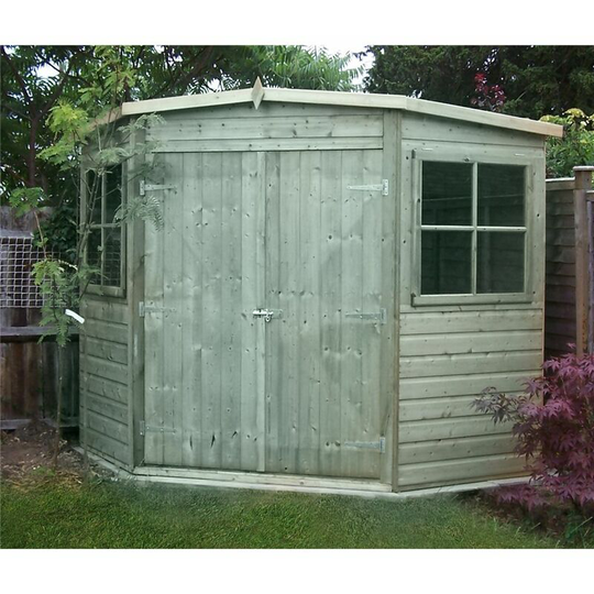 7 x 7 (2.09m x 2.09m) - Pressure Treated Tongue And Groove - Corner Shed - 2 Opening Windows - Double Doors - 12mm Tongue And Groove
