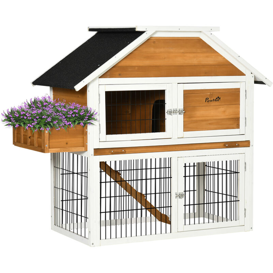PawHut 2 Tier Wooden Rabbit Hutch Guinea Pig Cage with Plant Box Tray Ramp - Natural wood finish