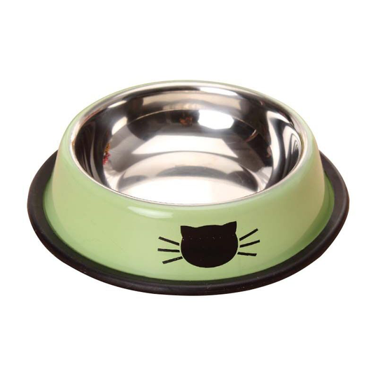 Stainless Steel Pet Cat Bowl Puppy Dish Bowl with Cute Cats Painted Non-Skid for Small Dogs Cats(Green) 15.5cm-3.5cm