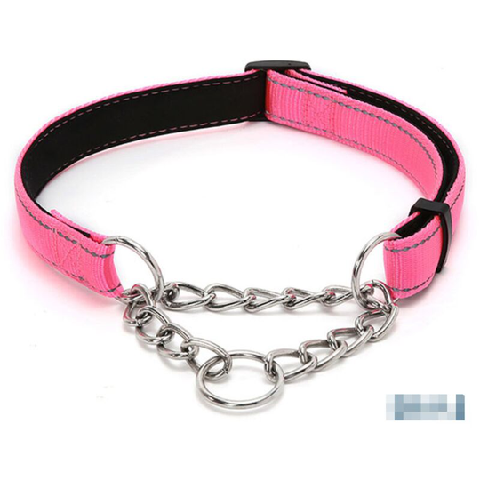 Safety Button for Large Dogs Nylon Chain Collar with Reflective Strip and Hanging Ring Dog id Tag(L:2.5*33-60CM, Pink)