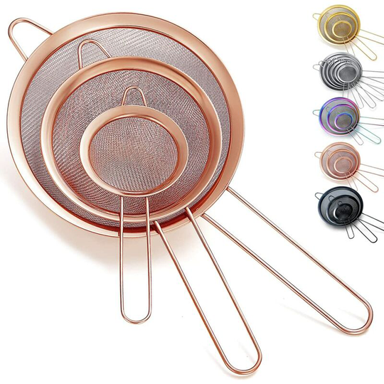 Piece Rose Gold Fine Mesh Colander Set, Copper Flour Sifter For Baking, Stainless Steel Strainer, Kitchen Accessory, Sauce Separator, Pasta Strainers
