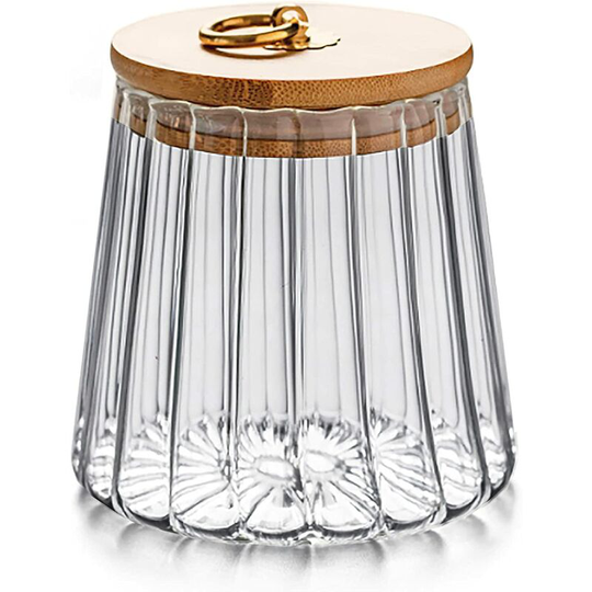 Glass Coffee Nuts Airtight Storage Jar Petal Decorative Container with Bamboo Lid Easy Grip Metal Handle (Small Tapered)