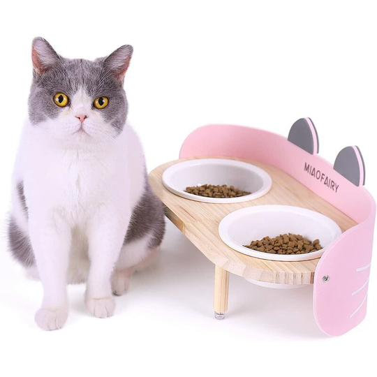 Bearsu - Ceramic Cat Bowl Double Raised Cat Bowls Wooden Stand for Small Pets Kitten Bowl for Food/Water,Stable Non-Slip (320ML)