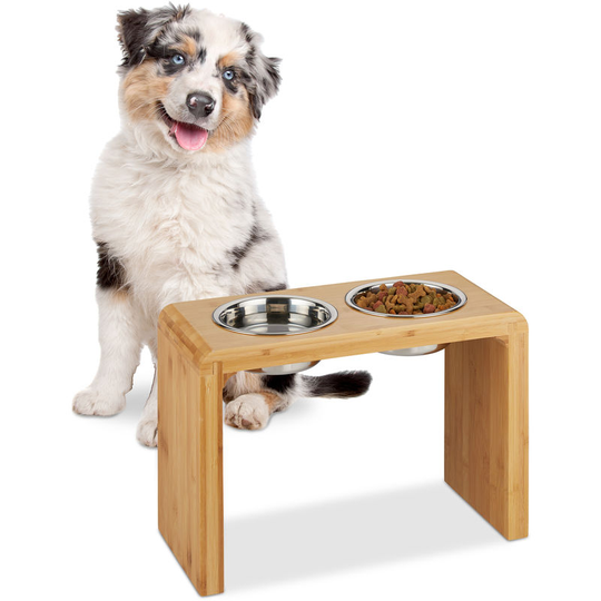 Feeding Station, 2 Stainless Steel Bowls, Large Dogs, Water & Food, Raised, Bamboo, hwd 31x45x20.5 cm, Natural - Relaxdays
