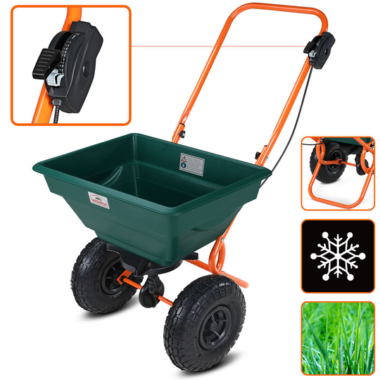 Rotary Spreader 20L Controllable Spread Rate xxl Pneumatic Tyres Seeds Road Salt Fertiliser Lawn - Gardebruk