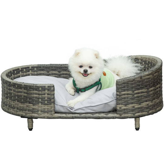 Wicker Dog Sofa Bed w/ Soft Water-resistant Cushion for Medium Small Dogs - Grey - Pawhut