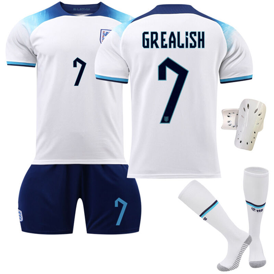 England Home White Soccer Jersey Set No. 7 with socks+protective gear, children's size 22