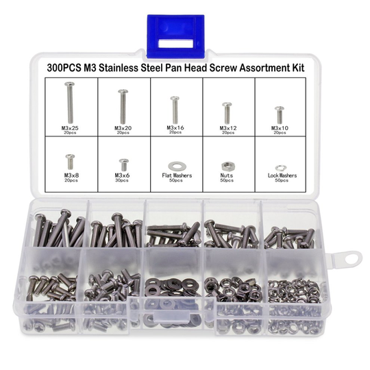 Aussel Pan Head Screw Bolts Nuts Stainless Steel M3 Screw Nuts Assortment with Lock Flat Washers 300PCS (Pan Head Screws-300PCS)