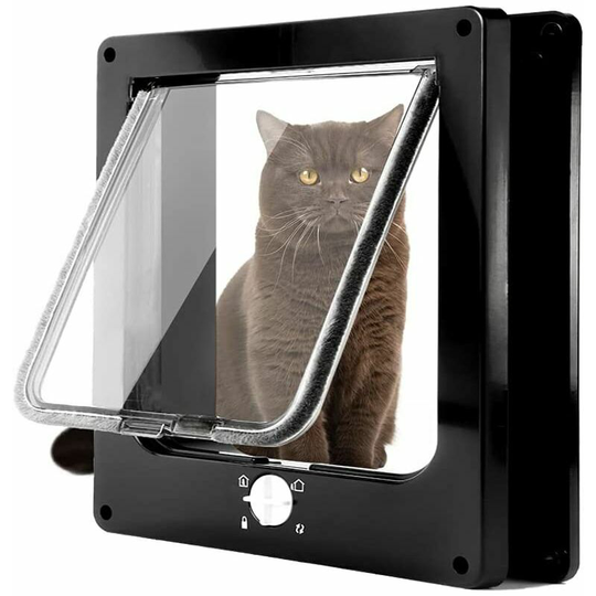 Monly - Cat Door, 4-Way Magnetic Door for Cats and Small Dogs, Easy to Install, Manual Sliding Pet Door on the Wall/Wooden Door/UPVC (Black, l)