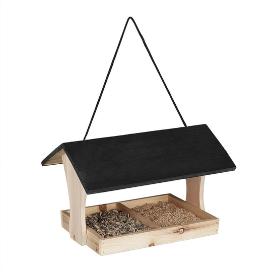 Birdhouse Feeder, Wooden, Hanging, HxWxD 22.5x36x26.5 cm, Garden, for Small Birds, Black - Relaxdays