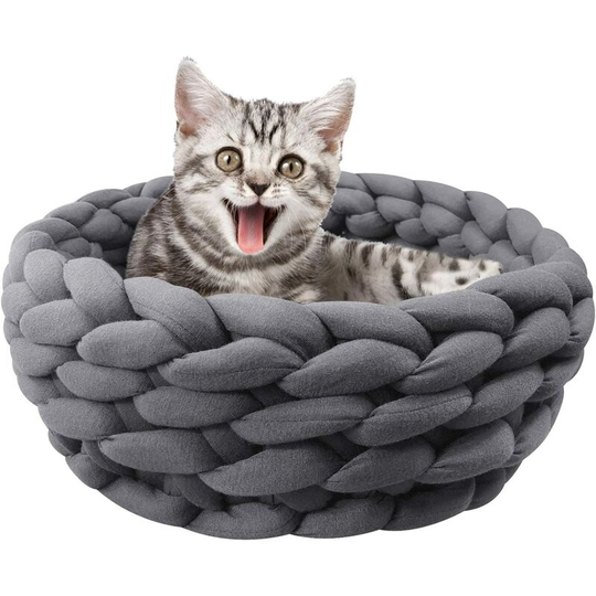 Cotton Knitted Pet Bed Basket Warm Knitted Cat Nest Cozy Cuddle for Dog and Cat (11.8 Inch, Dark Gray)