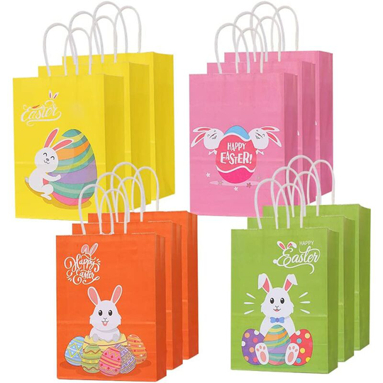 12 Pieces Easter Gift Bags, Bunny Paper Bags Easter Treat Bags with 18 Stickers Easter Egg Hunt Cand