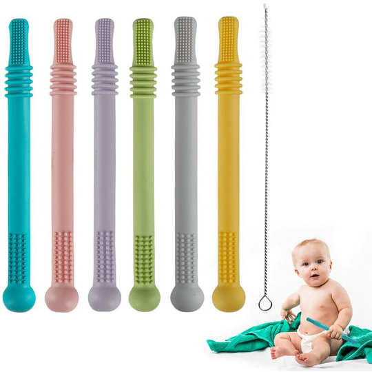 Hollow Teether Tubes, 6 Pack Chew Straw Toy for Toddlers Silicone Teething Toys for Babies 3-12 Months bpa Free/ Freezable/ Dishwasher and