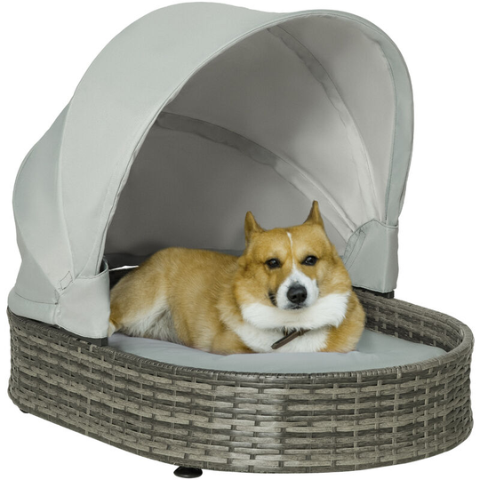 Wicker Pet Bed for Small Medium Dogs w/ Adjustable Canopy Cushion, Grey - Grey - Pawhut