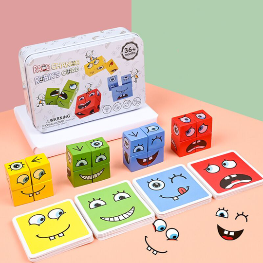 Ilovemilan - Wooden Expressions Matching Block Puzzle Educational Games Montessori stem Toy for Kids Preschool Ages 3 Years and Up,Face-Changing Cube