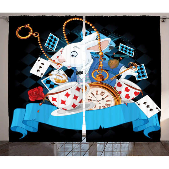 Alice in Wonderland Rabbit Motion Cups Hearts and Flower 2 Piece Room Darkening Curtain Set