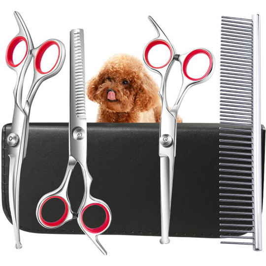 Dog Grooming Scissors Kit with Safety Round Tips, Stainless Steel Professional Dog Grooming Shears Set - Thinning, Straight, Curved Shears and Comb