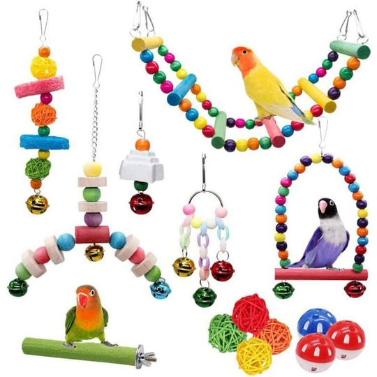 Echoo - 14 Pack Bird Walker Toys, Seesaw, Ladder, Wooden Poles, Sepak Takraw, Bells, Decoration of Small