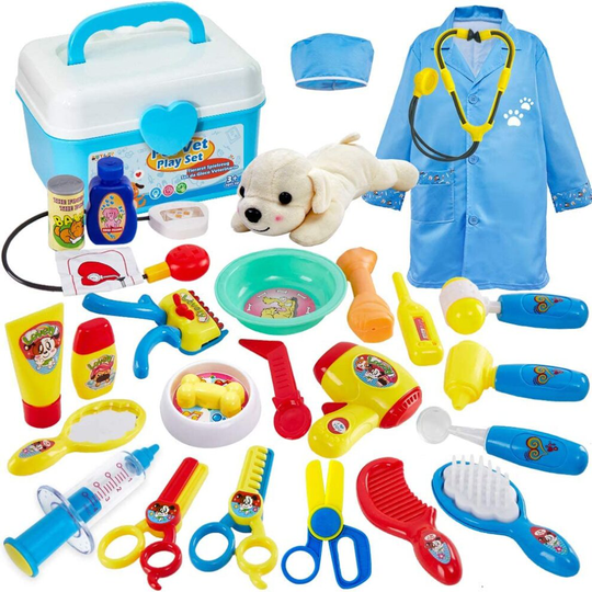 Buyger 26 PCS Play Vet Set for Kids Doctor Dress Up Pet Dog Care Role Play Toy with Carry Case