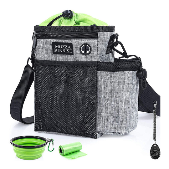 Pet training bag for small to large dogs with kibble treat toy for training reward walk, grey+green