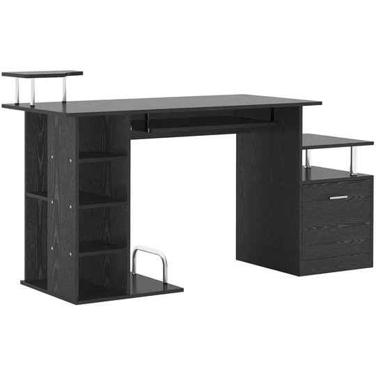 Homcom - Wood Computer Desk Laptop Workstation Drawer Shelf for Home Office - Black with wood grain