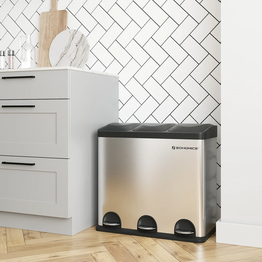 Luxfox Kitchen Stainless Steel 54 Litre Step On Multi-Compartments Rubbish and Recycle Bin