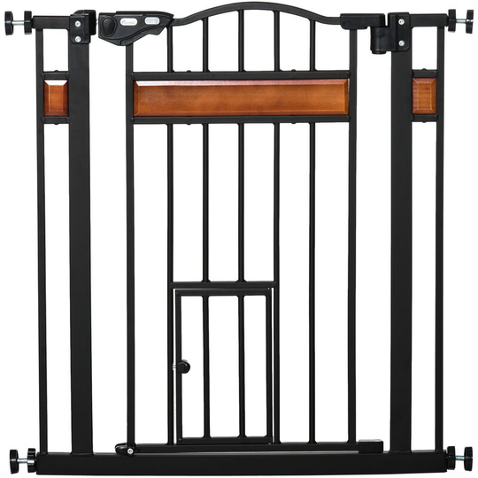 Dog Gate Pet Safety Gate w/ Cat Door Auto Close Pine Decor 74-80 cm Wide - Black - Pawhut