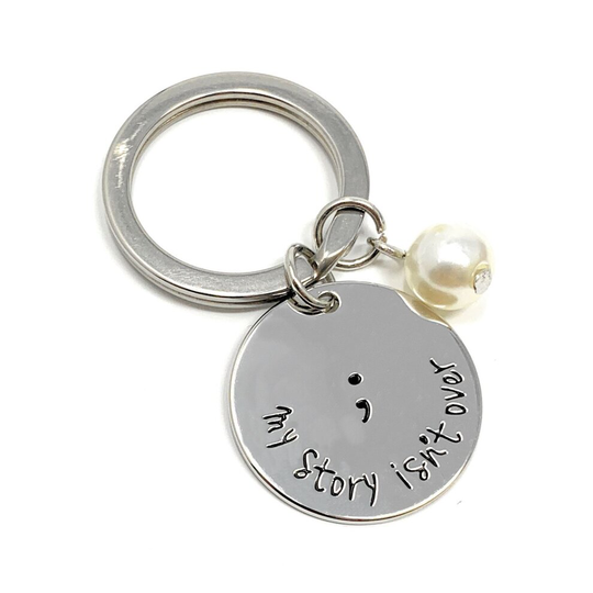 Silver-Tone 'My Story Isn't Over' Engraved Pendant Keyring 2.5cm Diamater With 18 Inch Chain ; Semicolon