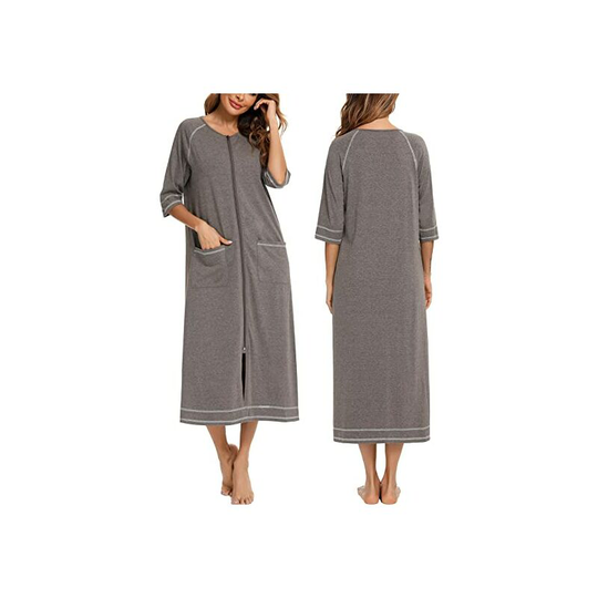 Women's robe zipper front office coat 3/4 sleeve pajamas full length women's casual dress with pockets, gray, s-xxl