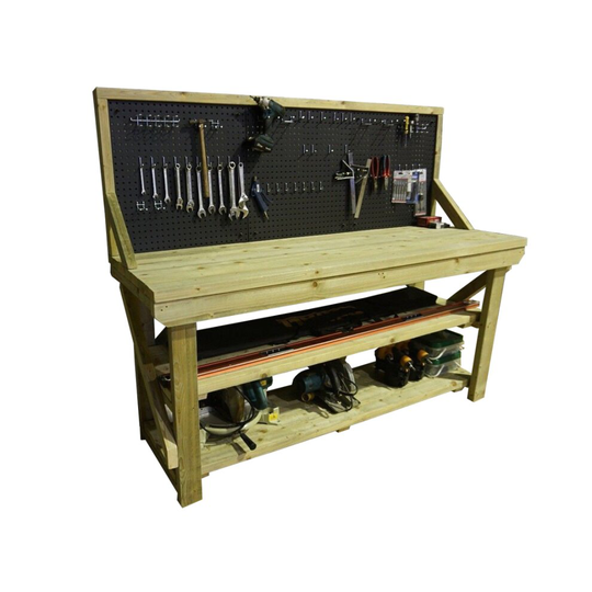(4ft, Standard Legs) Wooden Pressure Treated Workbench With Pegboard And Double Shelf