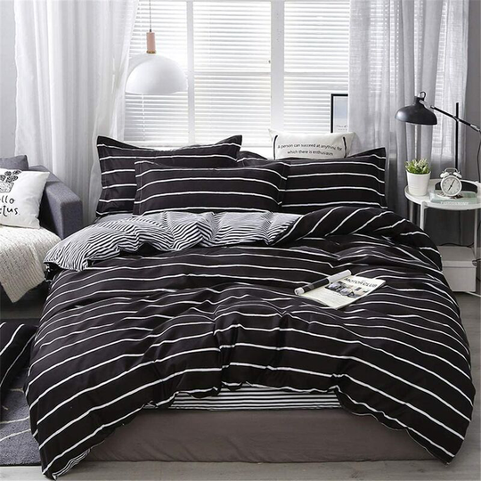 Microfiber 3 Piece Bedding Sets,Nordic Stripes Minimalism Printing Cozy Bedding Set with Zipper Duvet Cover and 2 Pillowcases (220x240cm,Black+White)