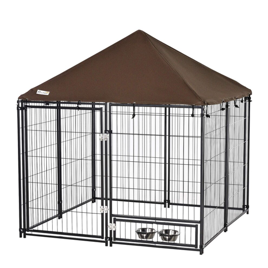 PawHut Outdoor Dog House Kennel with Canopy Top & Lock Rotating Bowl