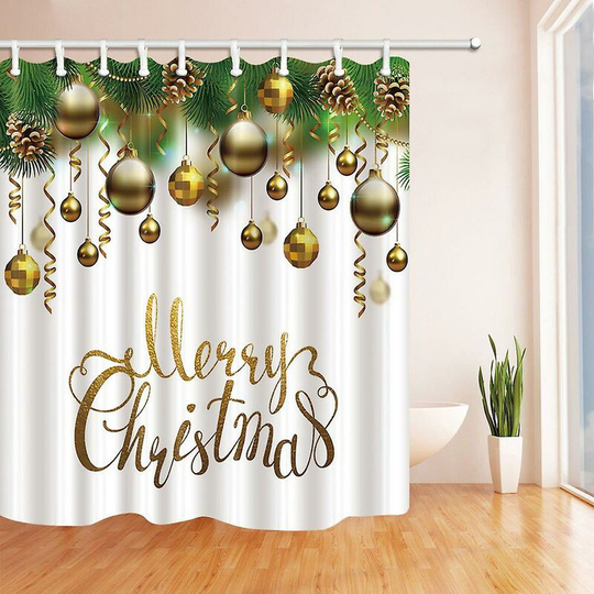 Christmas Gold Balls And Pine Nuts In Leaves For Holiday Polyester Fabric Bathroom Shower Curtain 160x180 Cm E---60922 Thsinde
